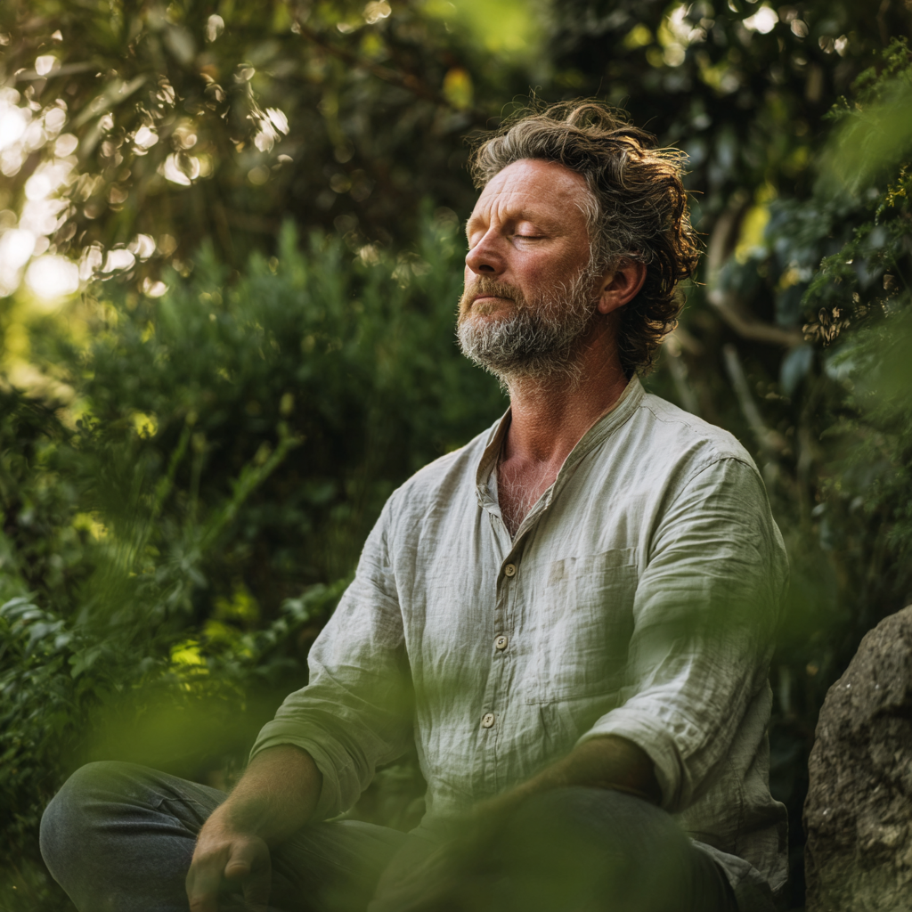 Спокоен мъж на 58 години в медитативна поза, седящ на природа сред зеленина с затворени очи и умиротворено лице