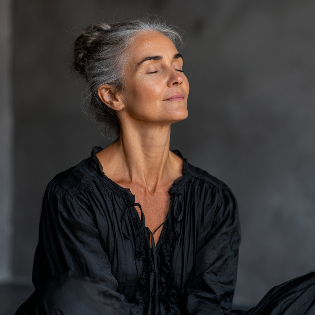 Елегантна жена на 52 години, седяща в удобна поза с права стойка, практикуваща дихателни техники с концентрирано и спокойно израждение