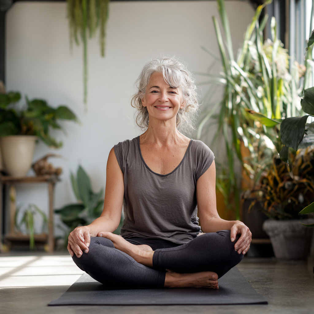 Усмихната жена на 55 години в удобни дрехи за йога, седяща в лотосова поза на йога постелка в светла студио с растения